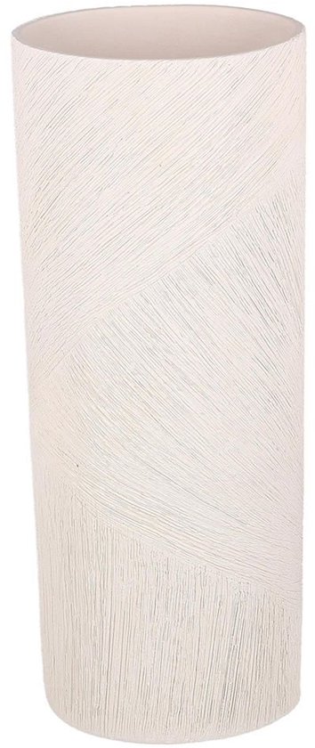 Hoge, ovale vaas in beige met een fijne, gebroken lijnen structuur.