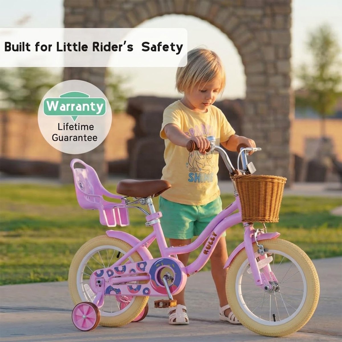 RULLY Donut 16 Inch Meisjesfiets voor 5-8 Jaar Kinderfiets met Zijwieltjes Mand en Poppenzitje Roze Paarse ShopVlot
