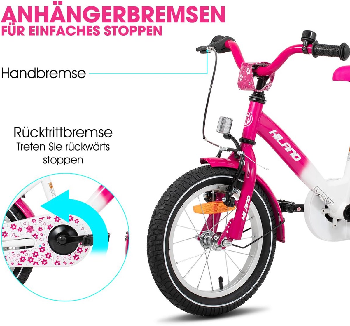 HILAND Kinderfiets voor meisjes 4,5 en 6 jaar, roze, 16 inch, met steunwielen, handrem, terugtraprem, bagagedrager - ShopVlot