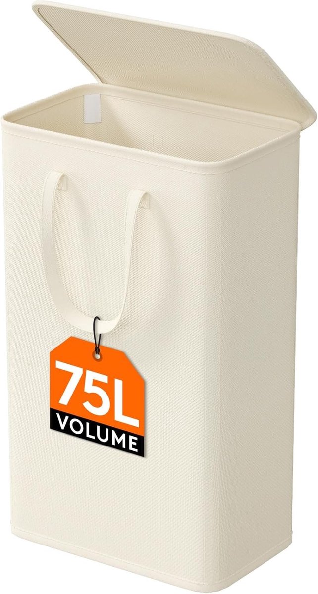 Vouwbare Wasmand met Deksel en Handvatten, Ideaal voor Slaapkamer, Badkamer en Wasruimte, 75 L, Wit en Ruimtebesparend
