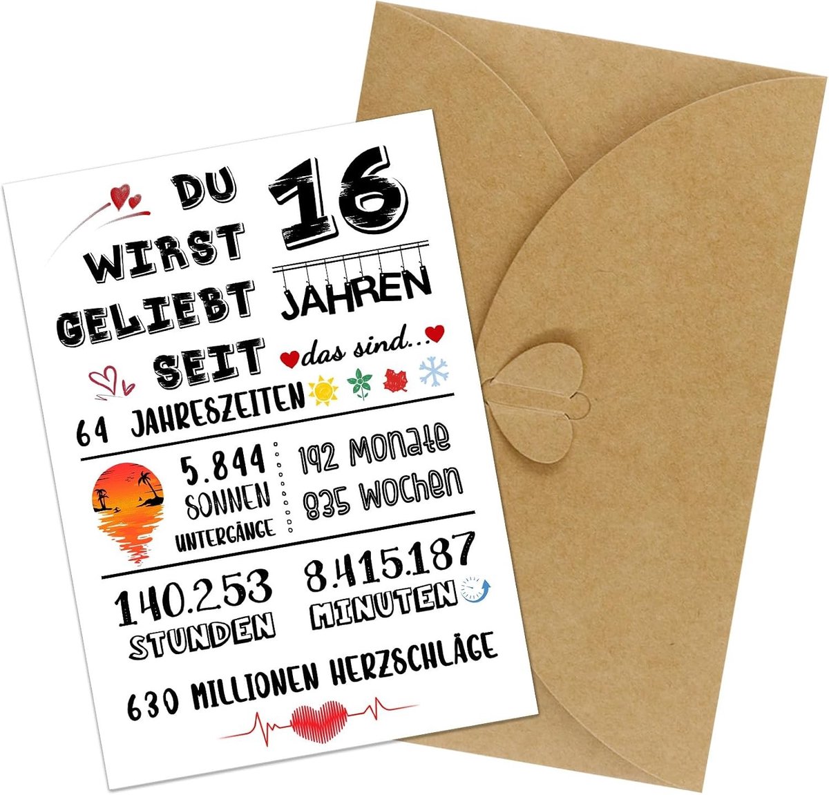 Verjaardagskaart voor 16e Verjaardag met Envelop van Kraftpapier - Grappige Cadeaukaart voor Jongens en Meisjes, Perfect voor Feestelijke Vieringen en Persoonlijke Boodschappen