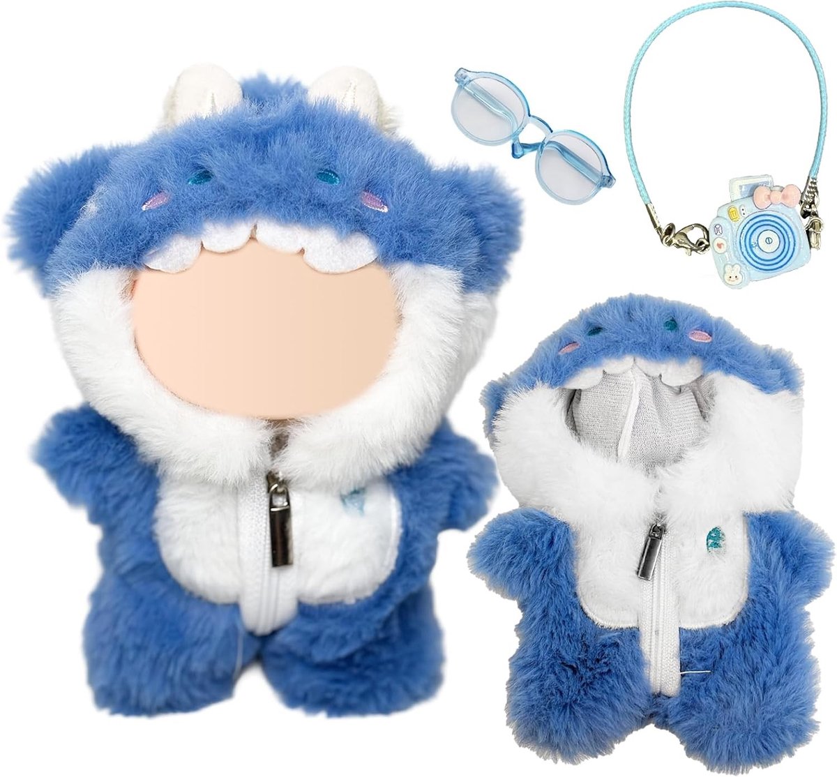 Kleding voor 17 cm poppen, lichtblauwe outfit met bril en camera-hanger voor mini pluche poppen, accessoires voor poppenkleding