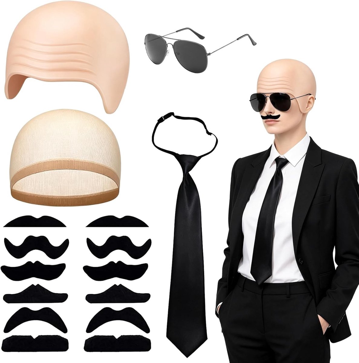 16-delige slakkenkostuumset voor volwassenen, latex cap, zwarte zonnebril, nepbaard, haarnet, zwarte stropdas, grappige hoed voor Halloween, carnaval en feestkleding