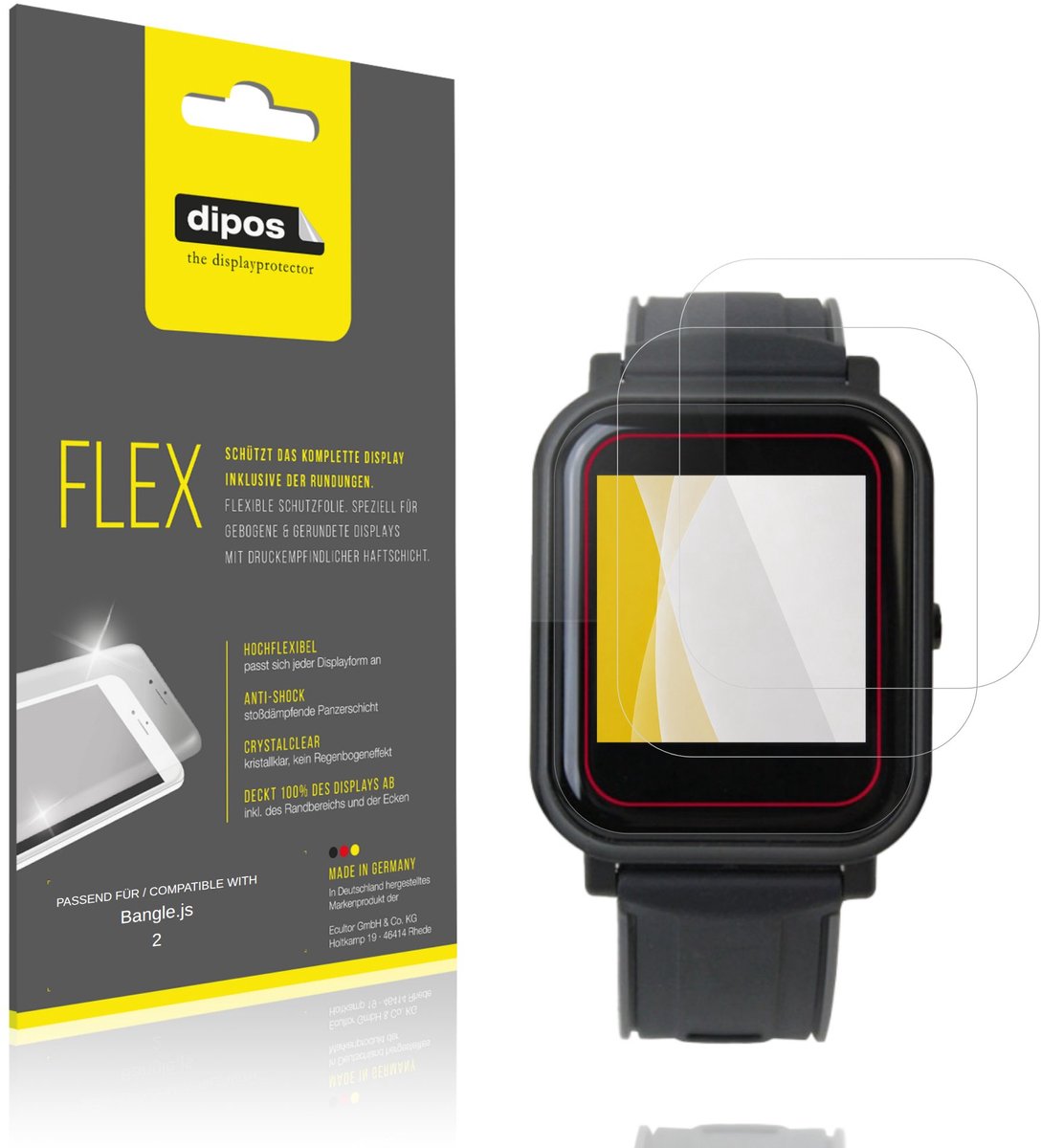 dipos – 2x Beschermfolie geschikt voor Bangle.js 2 | 3D Full Cover Screenprotector | 100% Passend