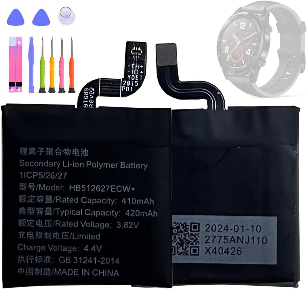 Reservebatterij HB512627ECW+ compatibel met Hua-wei Watch GT 46mm FTN-B19 met gereedschap - ShopVlot