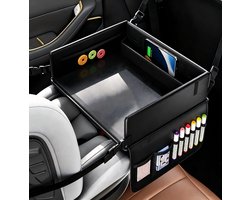 Reistafel Kinderen Auto - Autostoel Organizer Leer Opvouwbaar met Tablet Houder en Tekentafel - Zwart voor Eten, Spelen en Tekenen