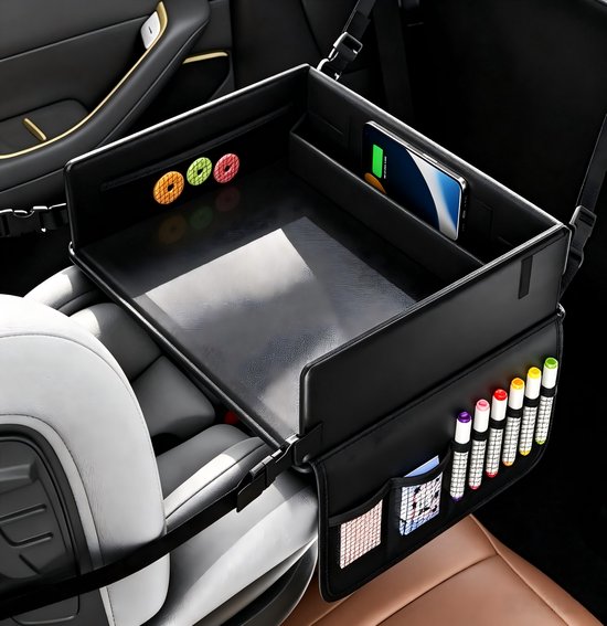 Reistafel Kinderen Auto - Autostoel Organizer Leer Opvouwbaar met Tablet Houder en Tekentafel - Zwart voor Eten, Spelen en Tekenen