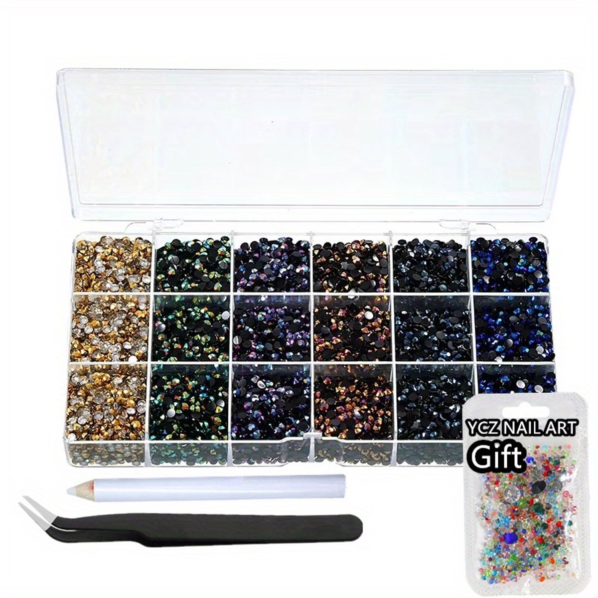 Currero Bedazzle Kit - Bedazzling - Plakstenen - Strass Steentjes - DIY Versieren - Set Met 14.500 Steentjes - 18 Vakken - Nagel Decoratie - AB Glitter - 3/4/5mm - Stijl N