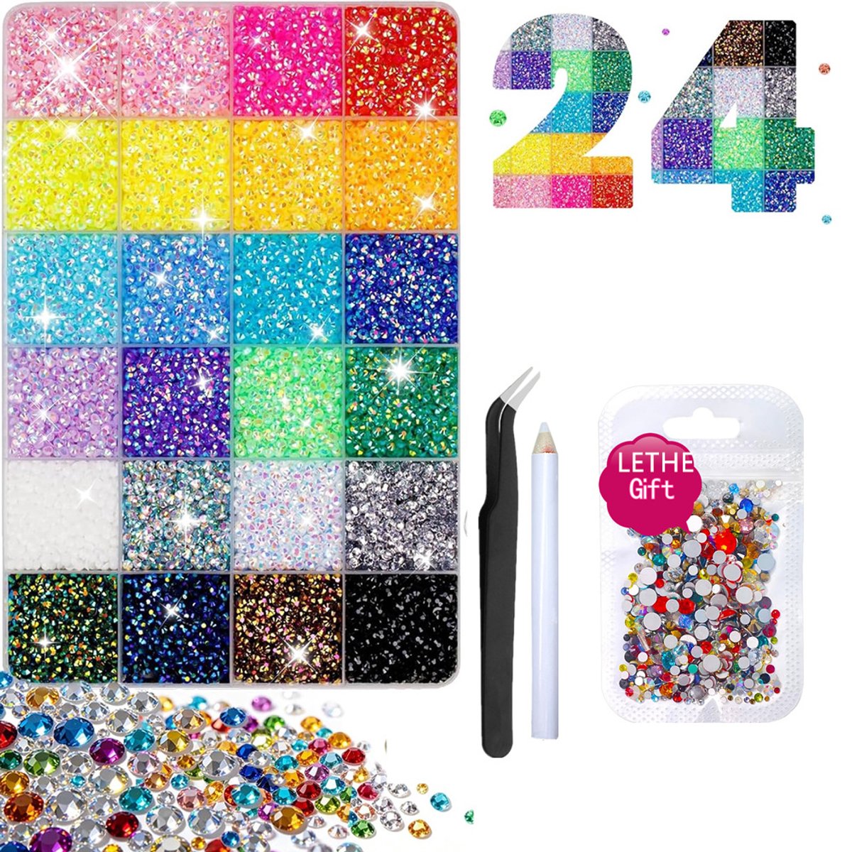 Currero Bedazzle Kit - Bedazzling - Plakstenen - Strass Steentjes - DIY Versieren - 24 Kleuren - Nagel Decoratie - AB Glitter Steentjes - 3mm