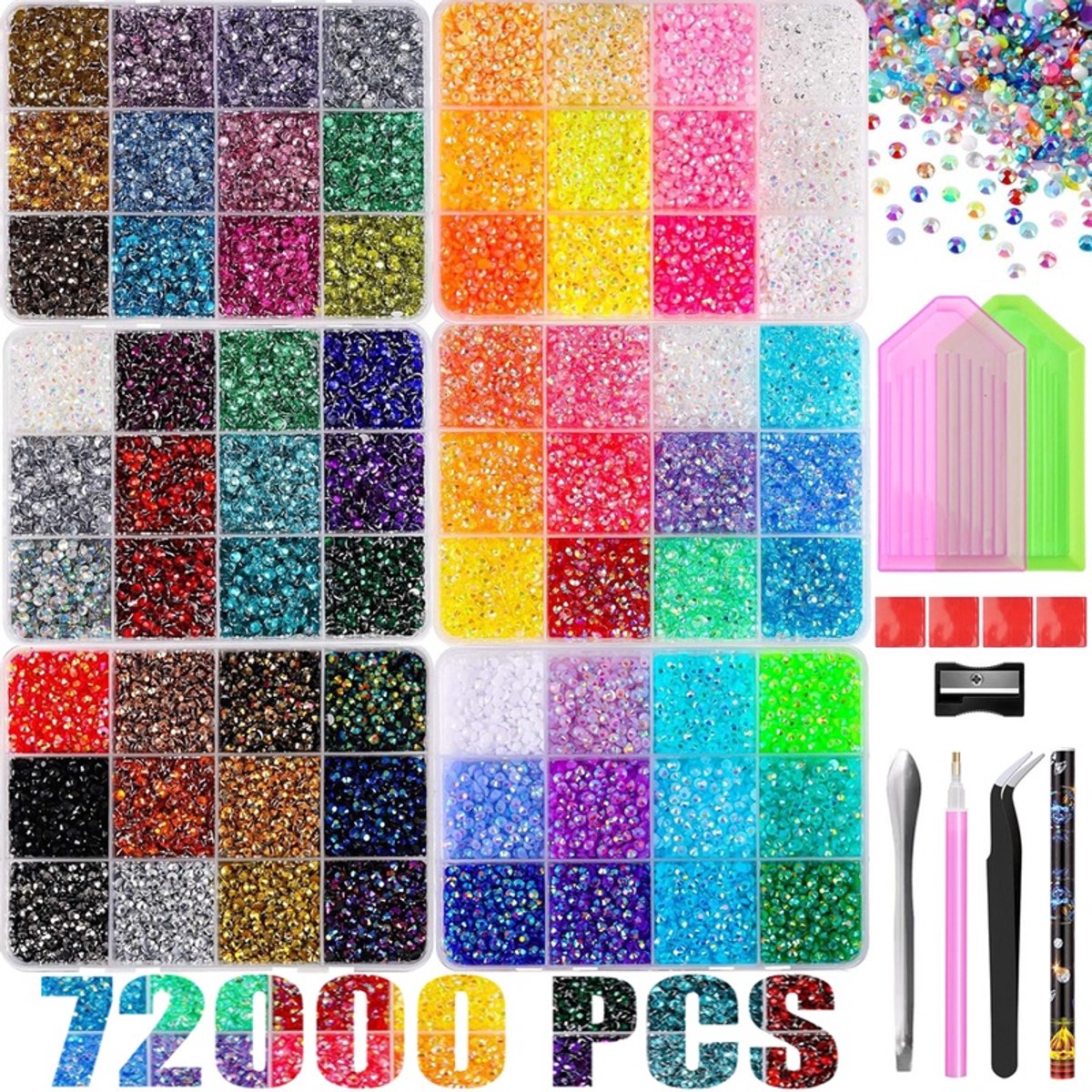 Currero Bedazzle Kit - Bedazzling - Plakstenen - Strass Steentjes - DIY Versieren - Set Met 72.000 Steentjes - 72 Kleuren - Met Pincet En Applicator - 3mm