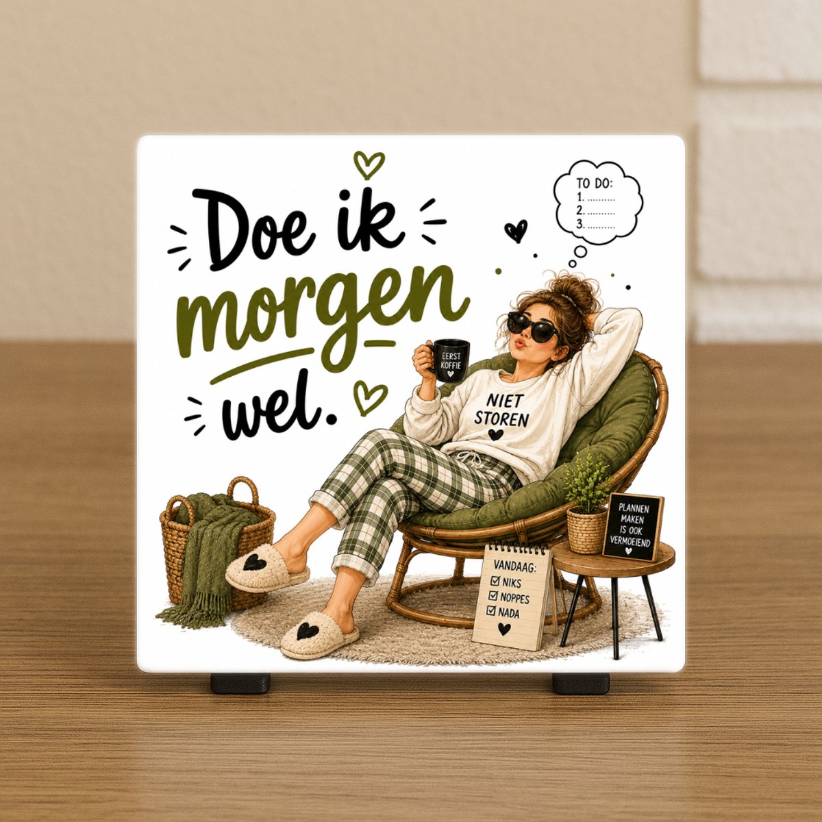 CreaCraft Spreuktegel: Doe ik morgen wel. - Grappig tegeltje met tekst - Cadeau voor familie, vriend, vriendin, collega of zomaar – Wenstegeltje - Brievenbuscadeau - CreaCraft