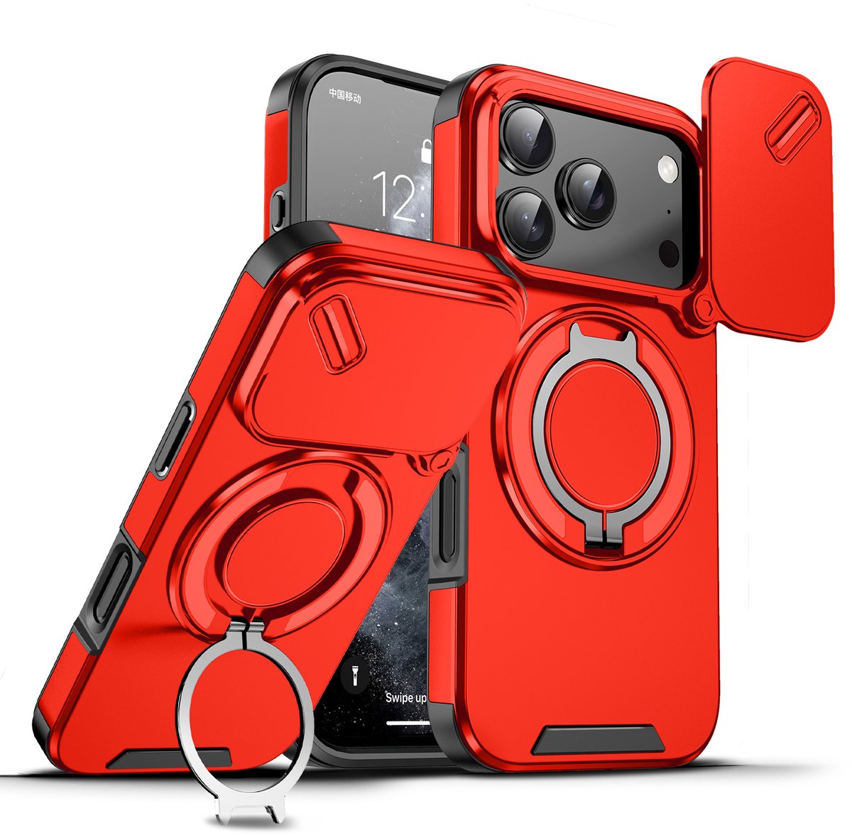 Hoesje Geschikt voor iPhone 18 Pro Max Hoesje - Rood Hybrid Armor, Schokbestendig met Ringhouder & Kickstand, Verhoogde Camerabescherming – voor MagSafe - Ntech