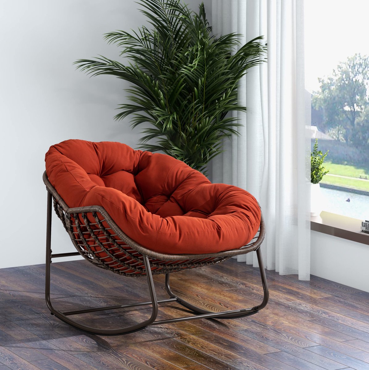 Schommelstoel Oranje - Handgeweven Rotan Met Stalen Frame - Comfortabele Tuinstoel Voor Terras, Tuin En Woonkamer - Inclusief Kussen