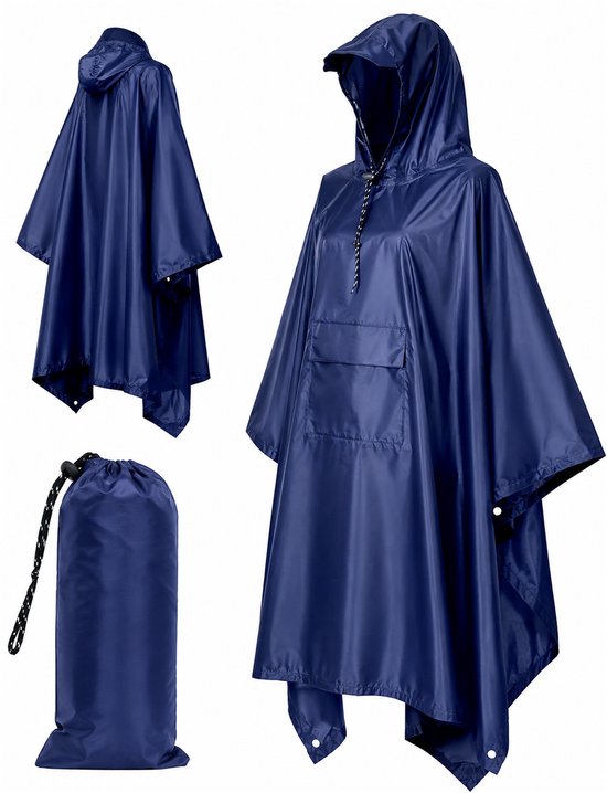 Blauwe regenponcho in meerdere aanzichten, met opbergzak.