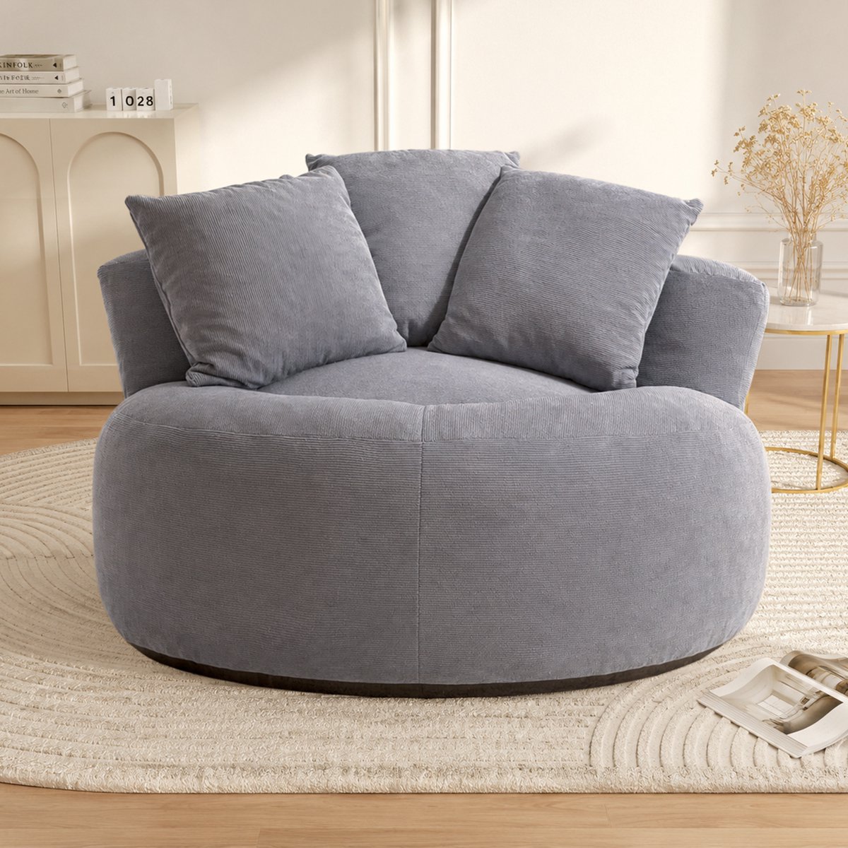 REDOM - Zitzak - Rond - Met rugleuning - Hoge veerkracht - Moderne stijl - Woonkamer en slaapkamer - Ribstof - Grijs - 120 x 120 x 65 cm