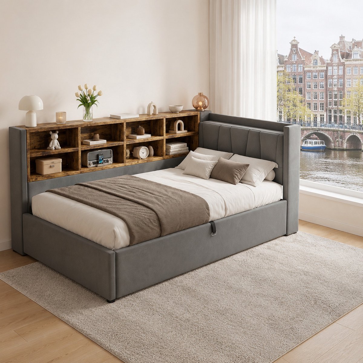 WUVRIE Polsterbett 90x200 cm - Multifunktiobed met hydraulische opbergruimte, nachtlicht, USB en Type-C aansluiting, grijze fluweel stof grijs