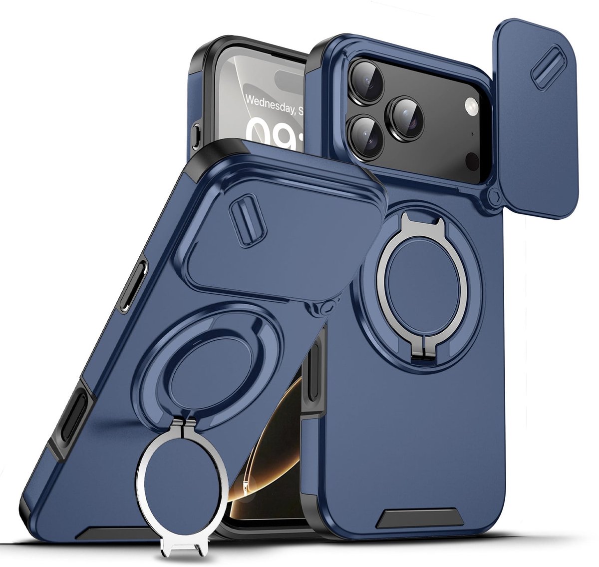 Hoesje Geschikt voor iPhone 18 Pro Max Hoesje - Blauw Hybrid Armor, Schokbestendig met Ringhouder & Kickstand, Verhoogde Camerabescherming – voor MagSafe - Ntech