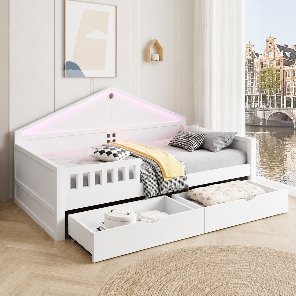 WUVRIE Kinderbed 90x200 cm met LED Lichtstrip, 2 Opberglades & Lattenbodem - Wit - Jeugdbed
