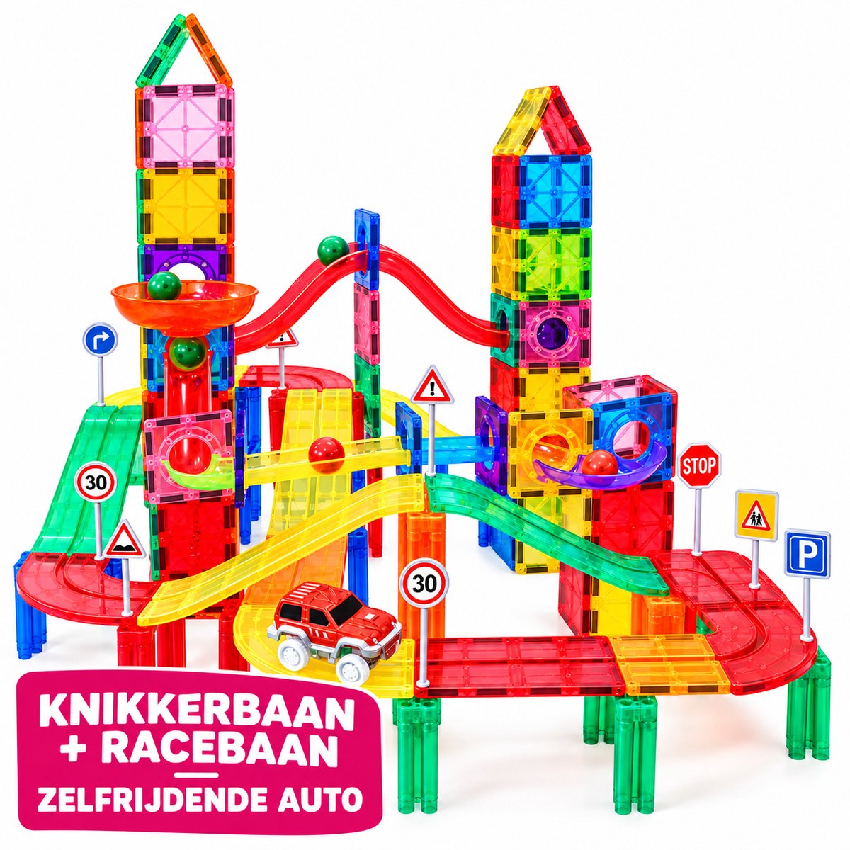 By Baboo® Magnetic Tiles 170 Stuks + Racebaan Zelfrijdende Auto + Knikkerbaan - Magnetische Tegels Blokken Speelgoed Cadeau Jongens Meisjes Constructie - Montessori Educatief Kinderspeelgoed 3 Jaar, 4 jaar, 5 jaar, 6 jaar, 7 jaar, 8 jaar, 9 jaar