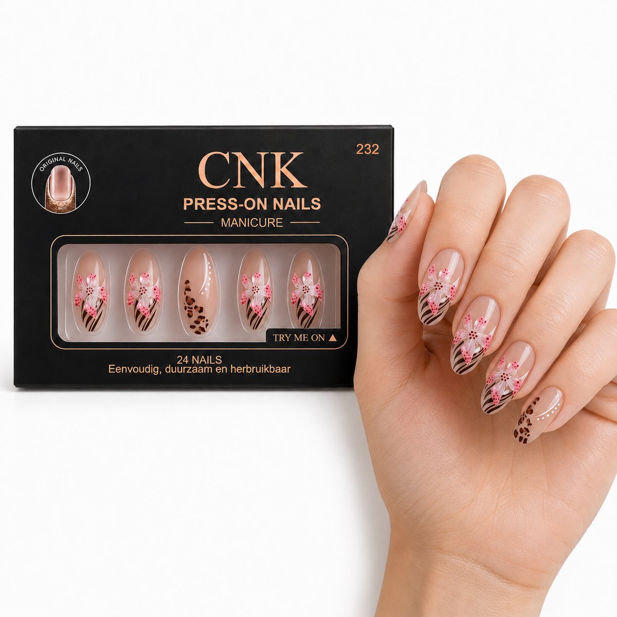 CNK 232 Press On Nails - Plaknagels - 24 Kunstnagels met Nagellijm, 24 Zelfklevende Plakstickers, Cleaner Wipe, Nagelvijl, Woodstick & Size Matcher - Nepnagels voor 7-14 Dagen - Herbruikbare Press-On Nagels - Starterspakket voor Manicure & Nail Art