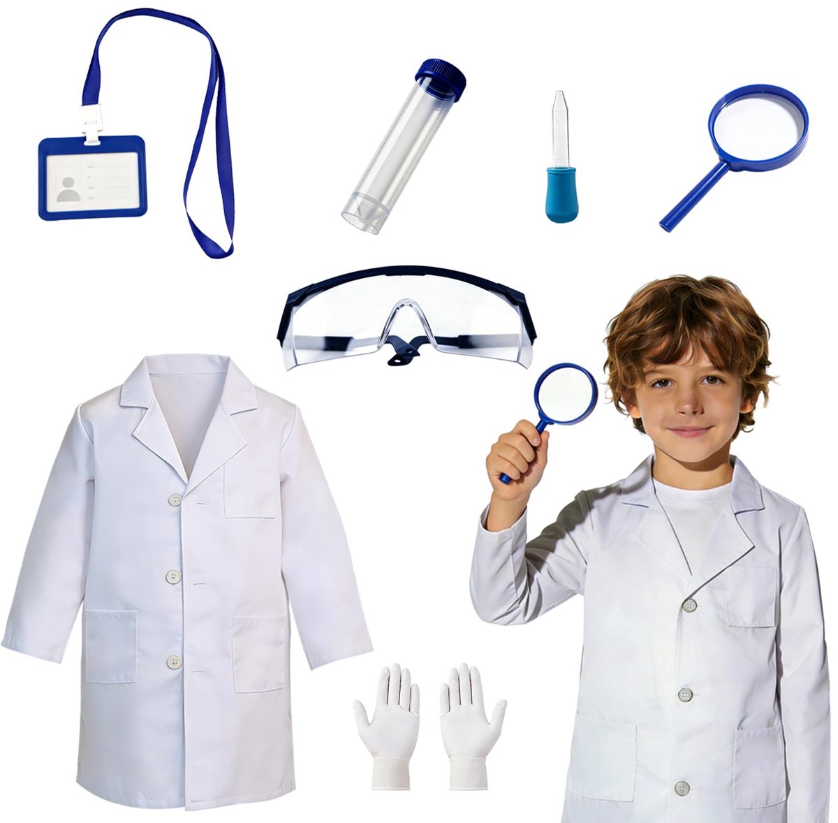 Baller dokterskostuum voor kinderen, met laboratoriumjas, ID-kaart en vergrootglas, ideaal voor Halloween en - ShopVlot