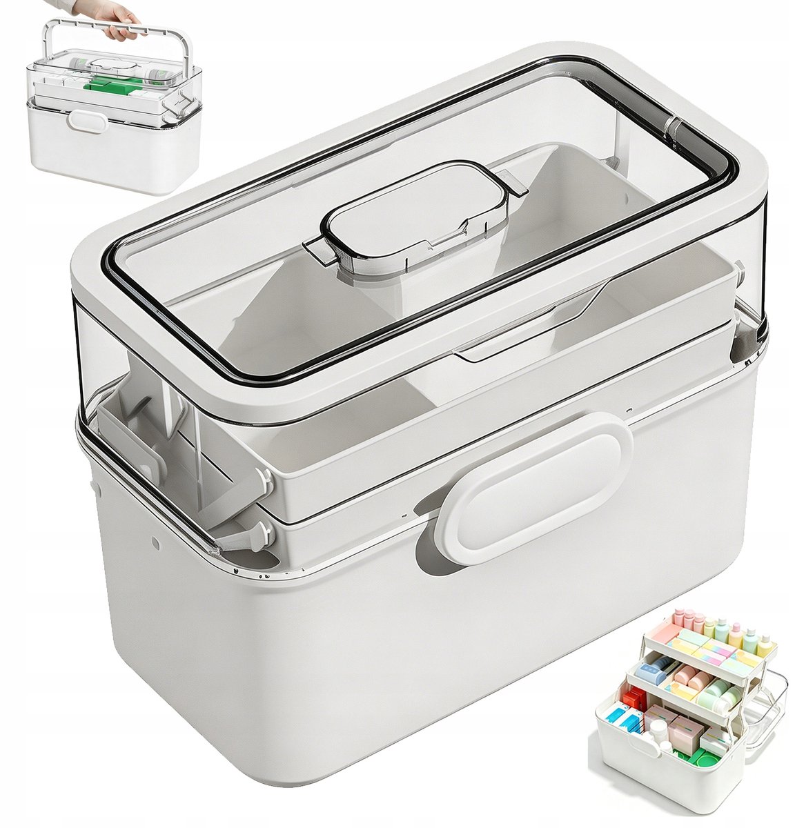 3 Lagen Medicijnendoos - Pillen Organizer Draagbaar - Multi-Level Opbergbox - 180° Deksel - 3 Uitklapbare Planken - 28,5x21x17 cm - Vochtbestendig & Stofdicht - Voor Medicatie & Make-up & Nagelgereedschap
