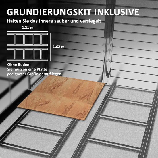 Houten vloerplaat in een schuurtje op een metalen frame. Afmetingen 2,21 m x 1,62 m.