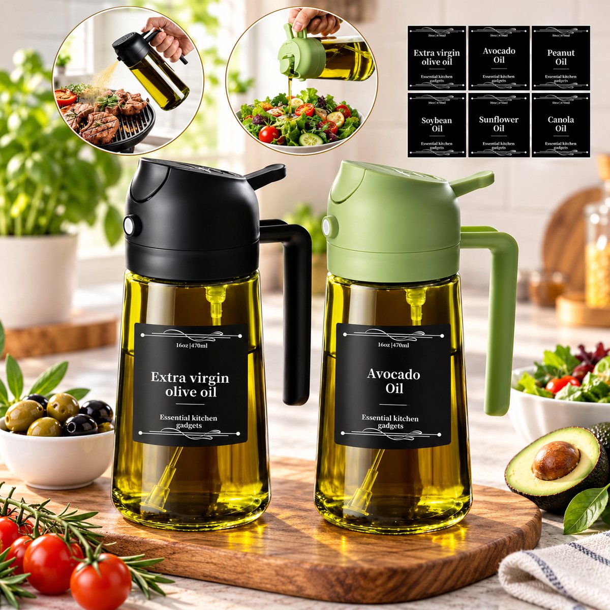 Set van 2 Glazen Olieflessen met Sprayer, 470ml Donkergroene Glas Oliefles voor Koken en Salade