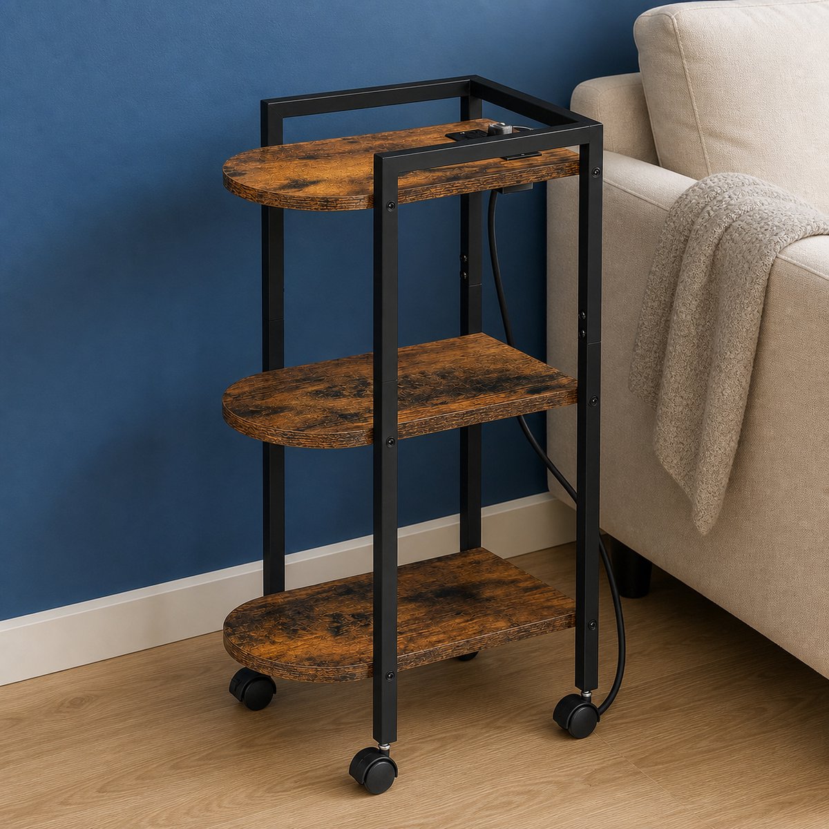 TRANKIELO® - Smalle bijzettafel met oplaadstation – 3 niveaus, wielen en verstelbare poten – Vintage bruin en zwart