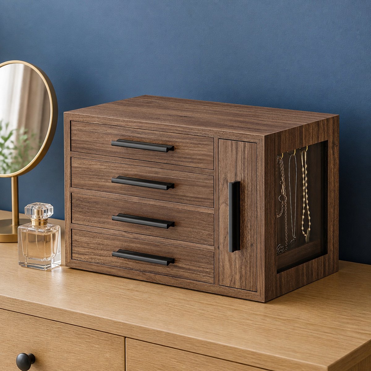 TRANKIELO® - Houten sieradendoos met transparant venster – Organizer voor ringen, oorbellen en kettingen