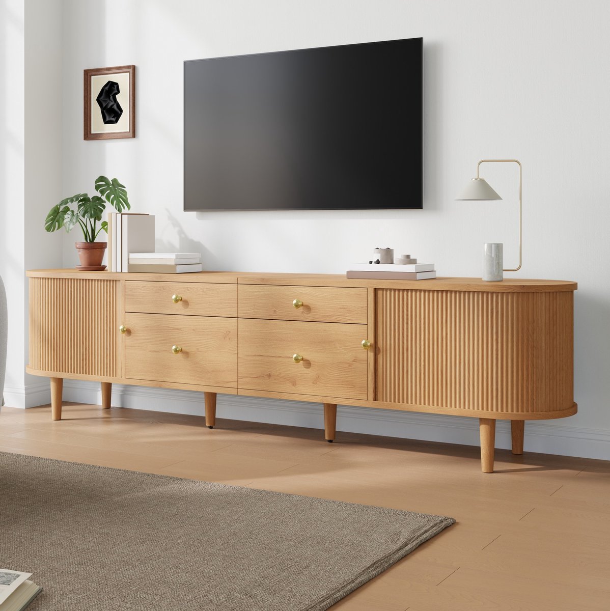 HAUSS SPOLE Tv Meubel - Schuifdeuren Met 4 Lades En Ronde Uiteinden - Voor Woonkamer En Slaapkamer - MDF En Spaanplaat - 180x35x50 Cm - Natuur