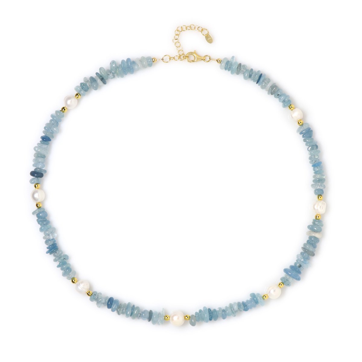 Cavill - Zilveren halsketting - 925 Sterling Zilver - 1.08 ct Braziliaanse Aquamarijn - Witte Zoetwaterparel - Gouden Hematiet - Elegant verstelbaar
