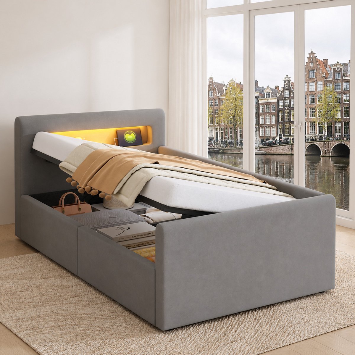 WUVRIE Kinderbed 90x200 cm met LED, USB, opbergruimte en lattenbodem, grijs