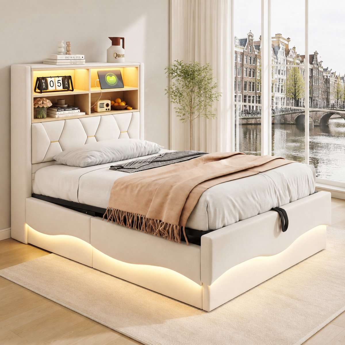 WUVRIE Kinderbed 90x200 cm met opbergruimte en LED-verlichting - Beige