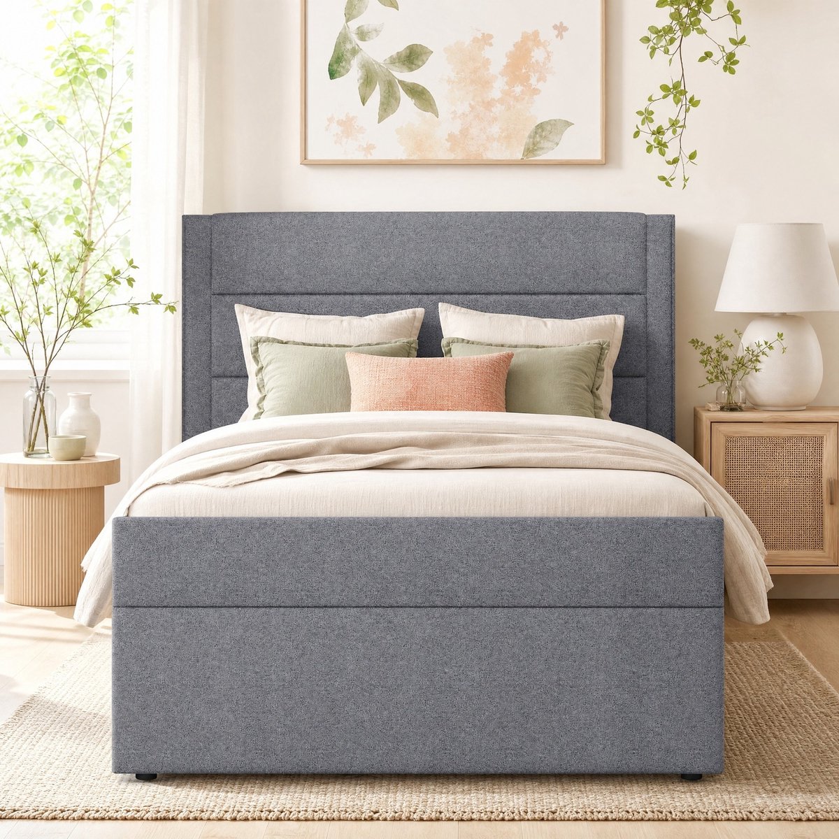 COVREO Eenpersoonsbed met lattenbodem – 208x90x105 cm – Opbergbed van stof en MDF – Bedframe voor slaapkamer – Grijs - zonder matras