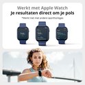 Montre connectée bleu foncé affichant des résultats. Une femme porte une montre connectée.