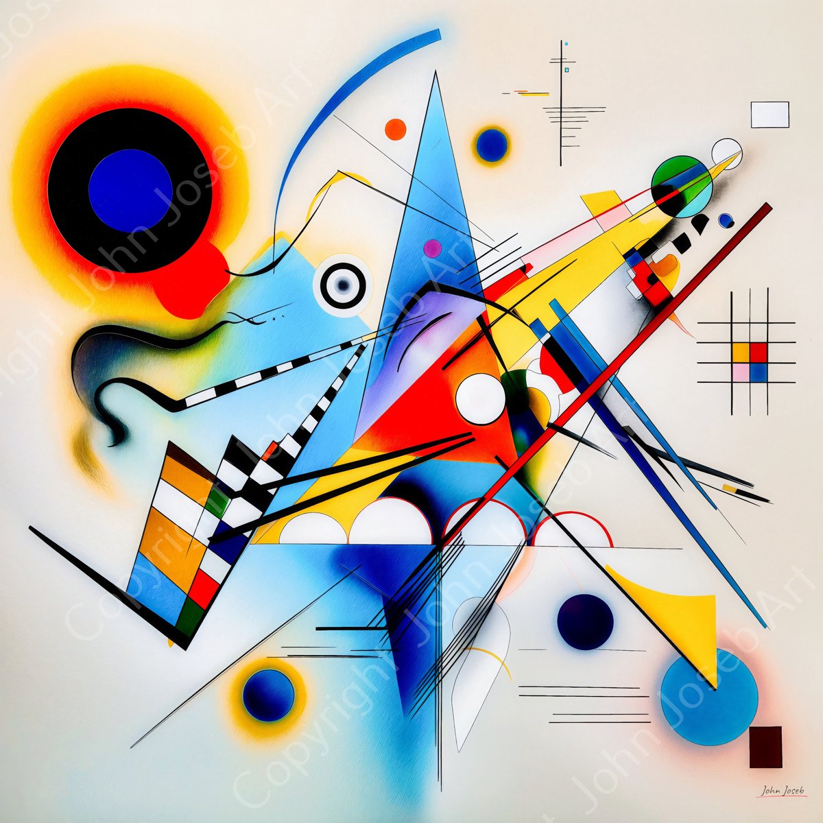 John Joseb Art (Glas) 100x100 | Abstract geometrisch in Kandinsky stijl, vierkant, kleurrijk, felle kleuren, kunst | rood, geel, blauw, grijs, bruin, modern | Foto-schilderij-glasschilderij-acrylglas-acrylaat-wanddecoratie