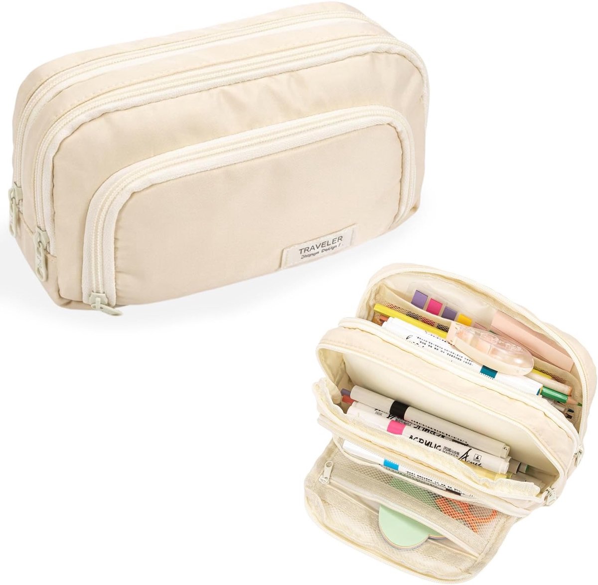 Etui met 3 Vakken - Beige - Groot Pennenetui van Duurzaam Nylon - Voor School en Kantoor