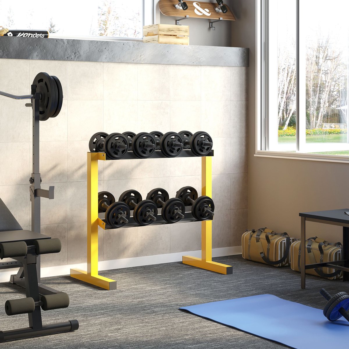 MODFU - Dumbbellrek - Dubbele Opstelling - Stalen Frame - Voor Krachttraining - Geel
