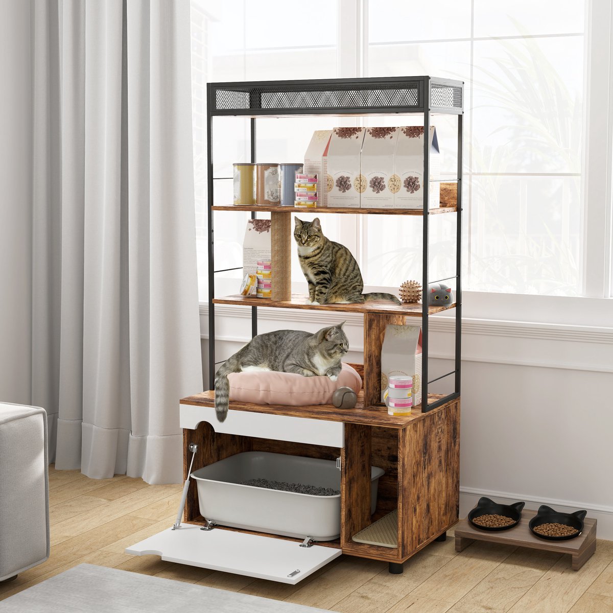 MODFU - Dierentoilet - Kattenbak Kast Met 3-Niveaus Rek - Krabpaal - Bruin