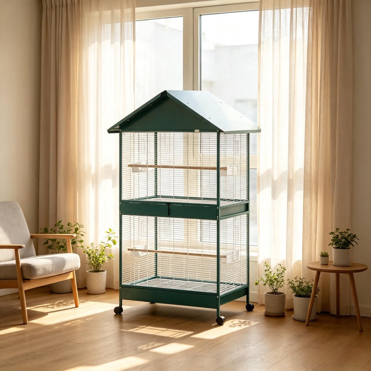 REDOM - Vogelkooi op wielen - Verwijderbare tussenscheiding - Uitneembare schuiflade - 4 toegangsluiken en 2 remwielen - Voor vogels - Staal en hout - Groen - 94 x 70 x 158 cm