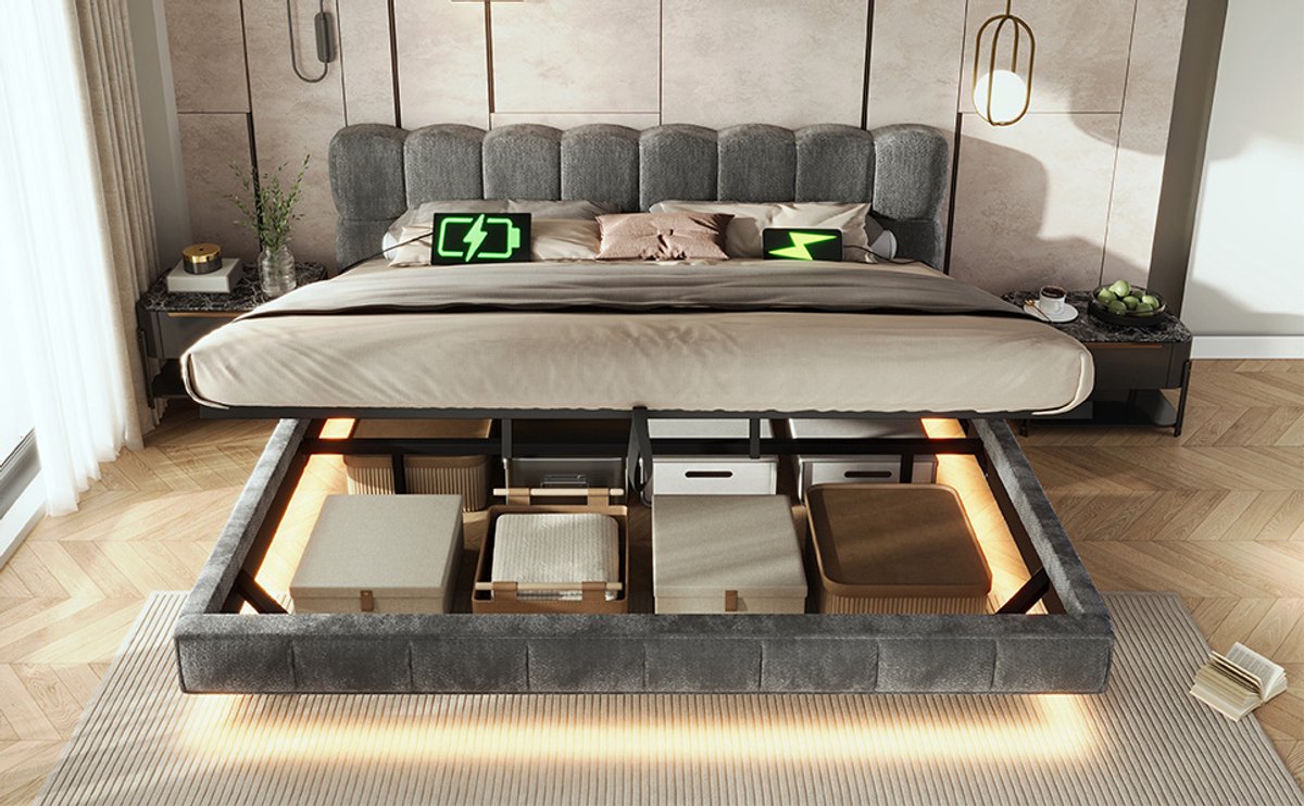 OKWISH Polsterbett Doppelbett Jugendbett 180x200 cm in Grau, Bubble Design Wolkenbett, hydraulischer Stauraum, LED-Beleuchtung mit 3 USB & 1 Typ-C Ladestation Grijs
