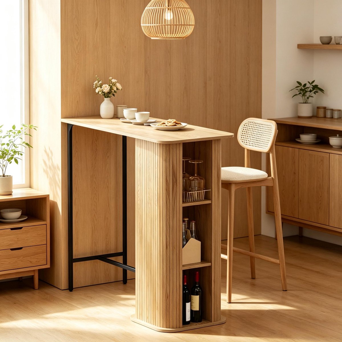 REDOM - Bartafel met 3 open opbergvakken - Verstelbare hoogte - Metalen onderstel - Noordse stijl - Keuken en bar - MDF en spaanplaat - Eikenhout - 112 x 50 x 106 cm