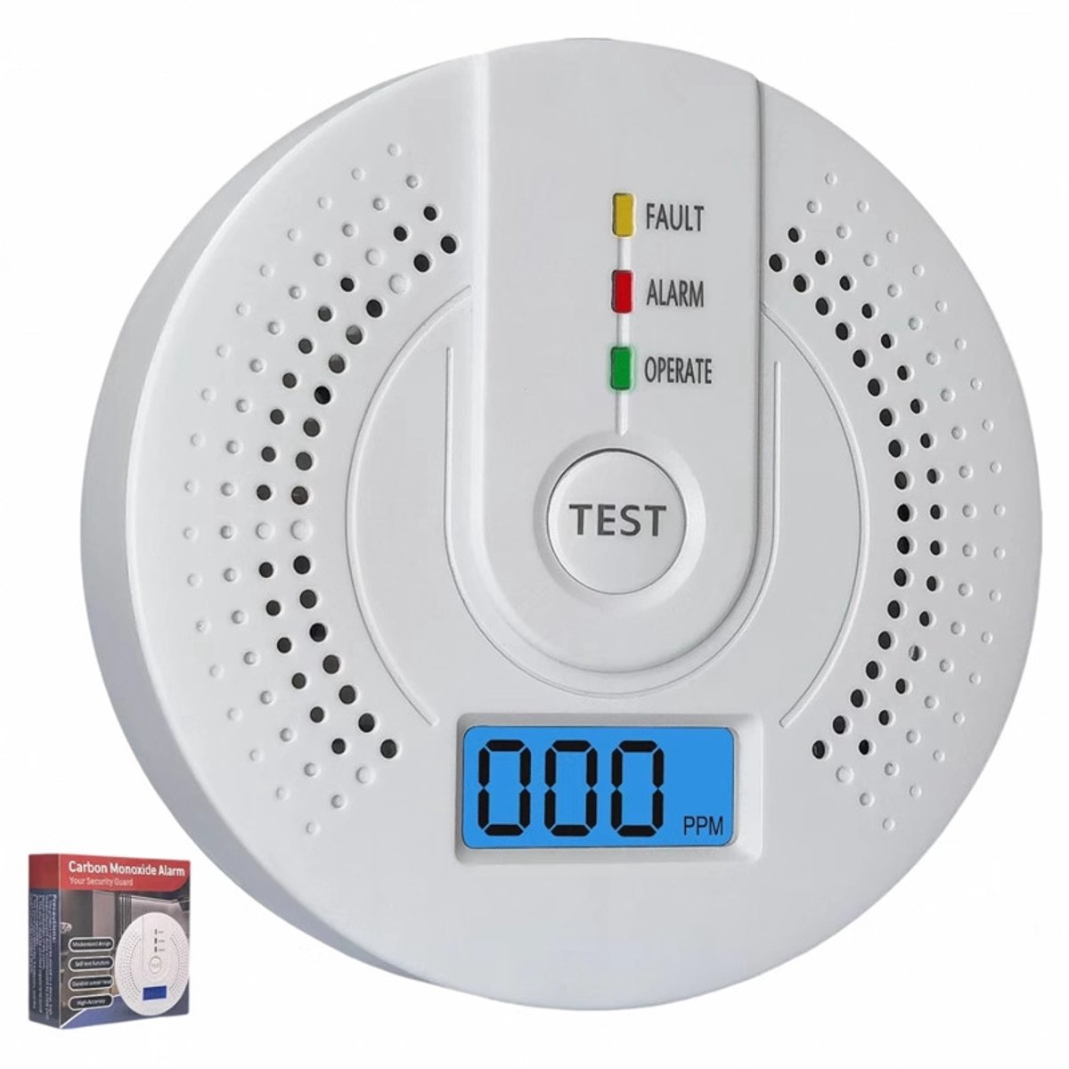 1 stuk - Koolmonoxidemelder met LCD-scherm, CO-gasmelder en waarschuwingsmelder 85 dB geluid-lichtalarm - wit