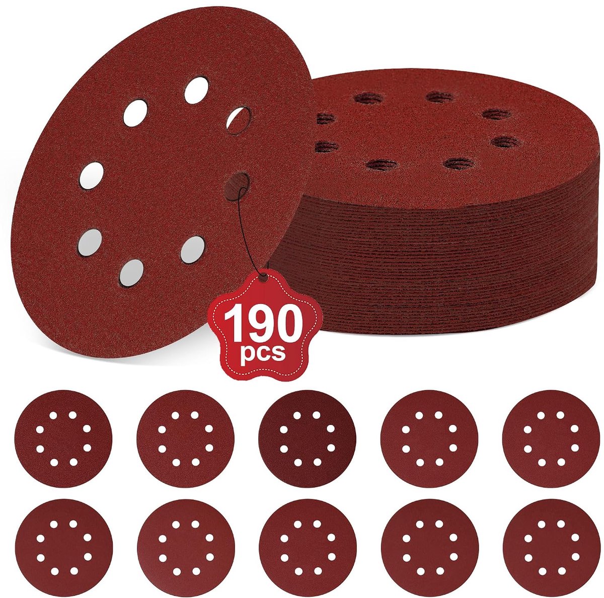 Pack of 190 Sandpaper 125 mm Sanding Discs 8 Holes, P40/P60/P80/P100/P120/P180/P240/P320/P400/P600 Eccentric Round - ShopVlot