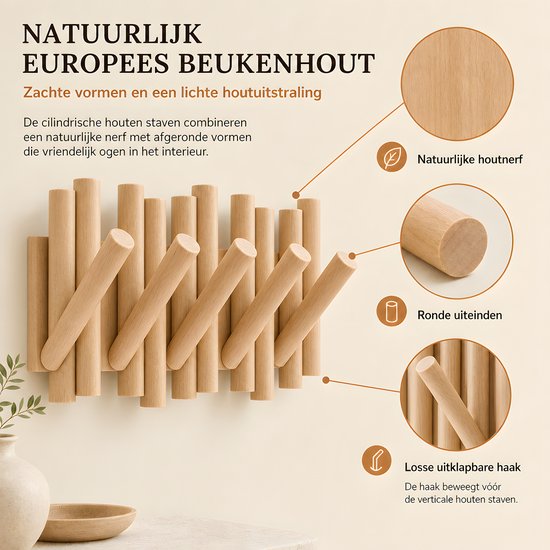 Wandkapstok - Kapstok - van massief Europees beukenhout - 5 inklapbare haken - Picket rail kapstok voor hal, slaapkamer en entree - 37 x 16 cm - Piano kapstok - Kapstok Muur - Naturel — afbeelding 3