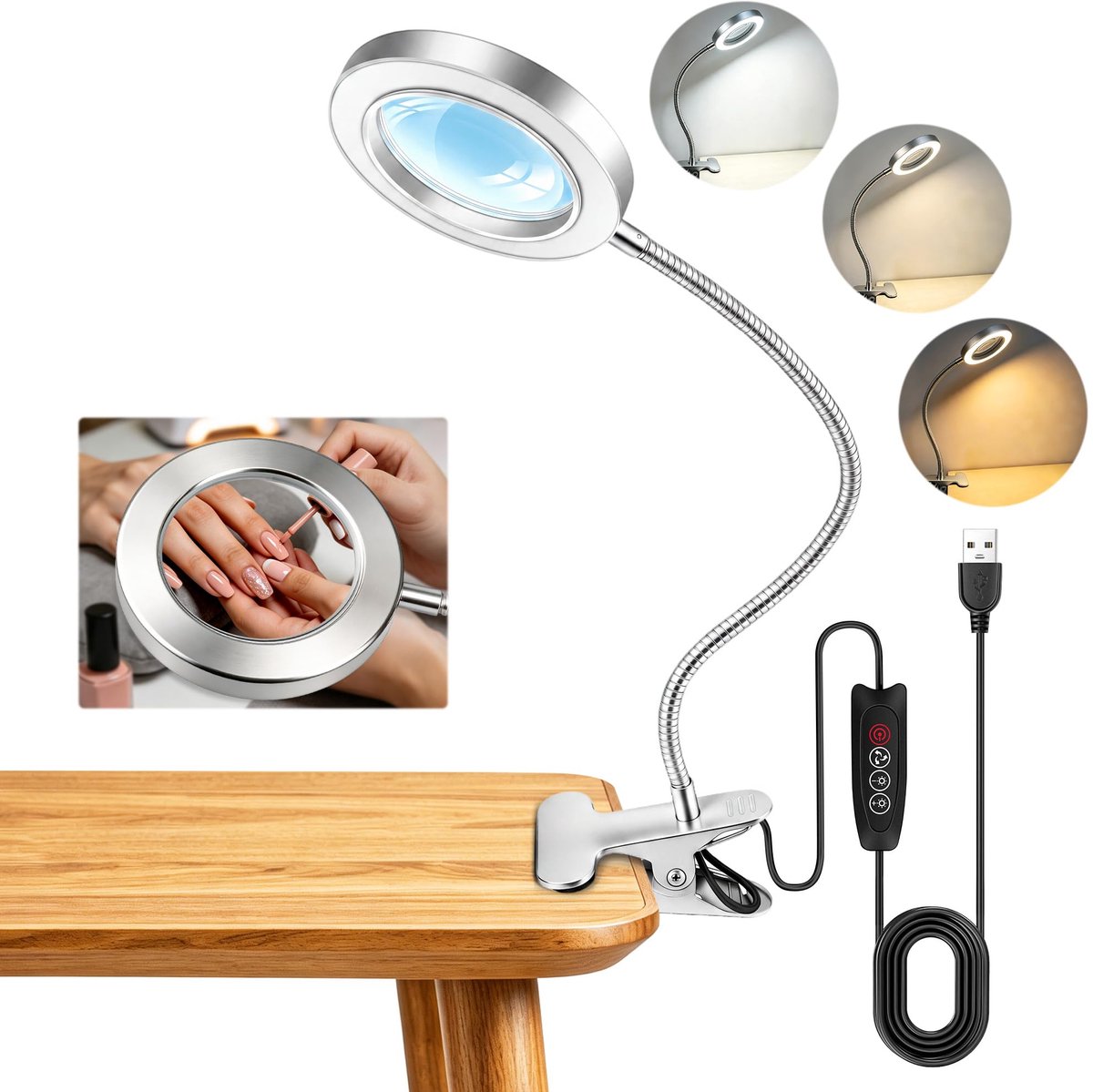 Akynite 10x Loeplamp met LED verlichting met klem, 3 kleuren 10 helderheid, led loeplamp met licht en klem - ShopVlot