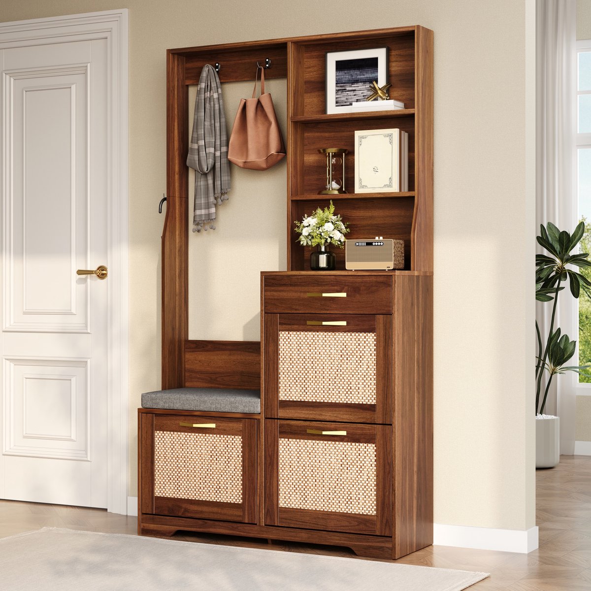 HAUSS SPOLE Schoenenkast - Halgarderobe Met Zitbank En Klephokjes - Voor Entree En Hal - MDF - Walnoot - 100x30x170 Cm