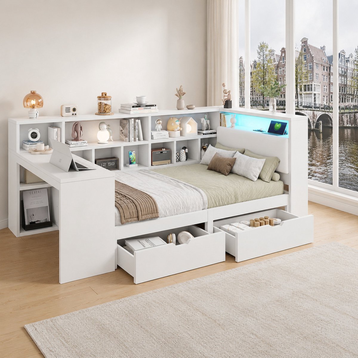 WUVRIE L-vormig platformbed 90x200 met bureau, boekenkast, LED-verlichting en bedlade - Wit