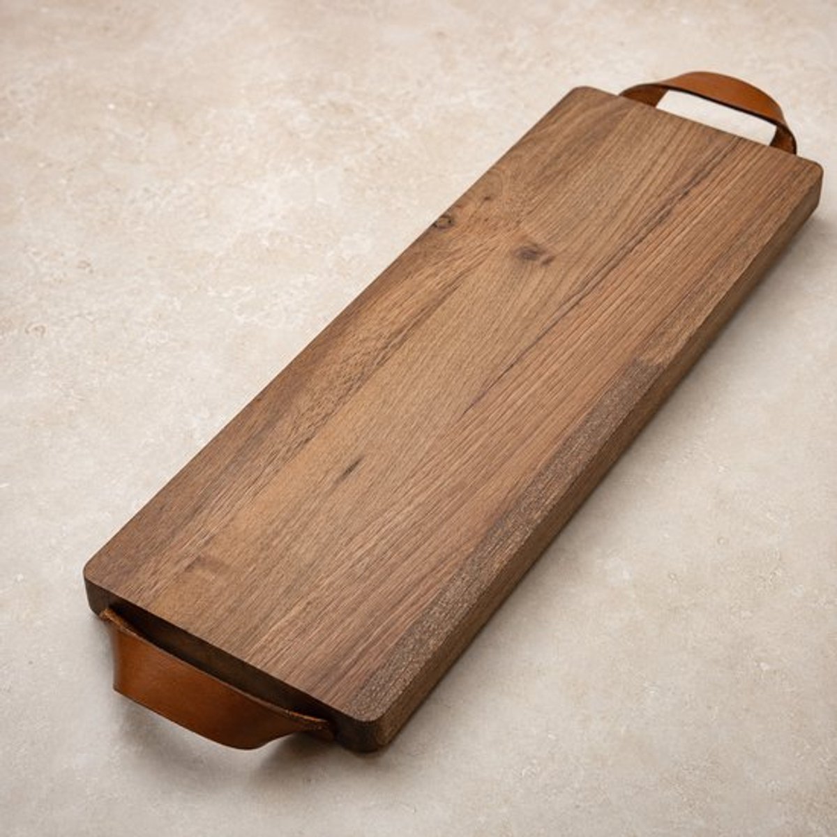 StadsPlanken Luxe Walnoothout Borrelplank met Leren Handvatten FSC 100% Serveerplank en Kaasplank 48 x 17 cm